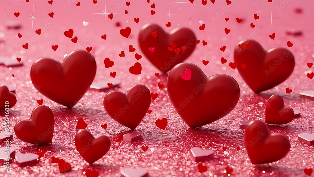 Red hearts heart confetti on pink background glitter background Red hearts heart confetti on pink background glitter background
