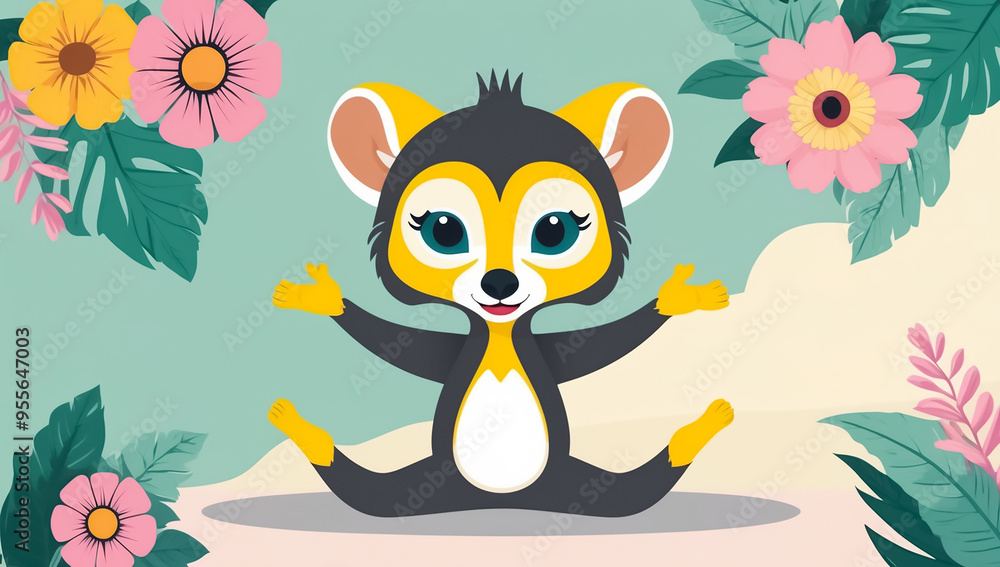 cute cartoon lemur in yoga pose , flowers, flat design illustration cute cartoon lemur in yoga pose , flowers, flat design illustration
