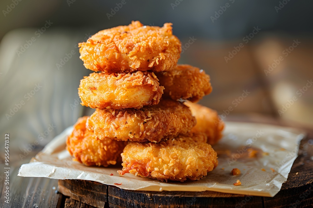 Crispy Golden Chicken Nuggets Stacked on Rustic Wooden Surface Crispy Golden Chicken Nuggets Stacked on Rustic Wooden Surface