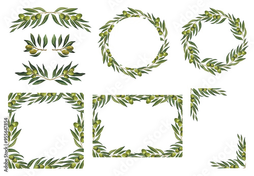 Watercolor olive green branches in compositions wreaths frames border For poster postcard banner greeting card template Olive oil logo wrapping design decoration invitation Italian plant 