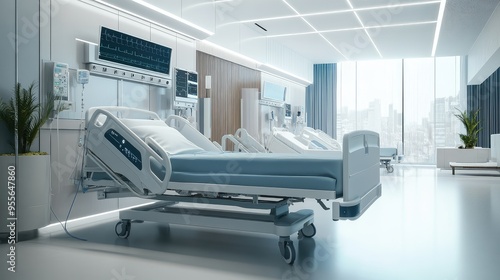 Modern Hospital Room with a Single Hospital Bed in Focus photo