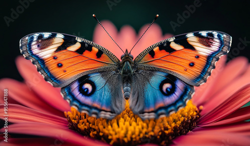 A butterfly with blue and orange wings is sitting on a red flower. The butterfly is the main focus of the image, and the flower serves as a beautiful background. The colors of the butterfly