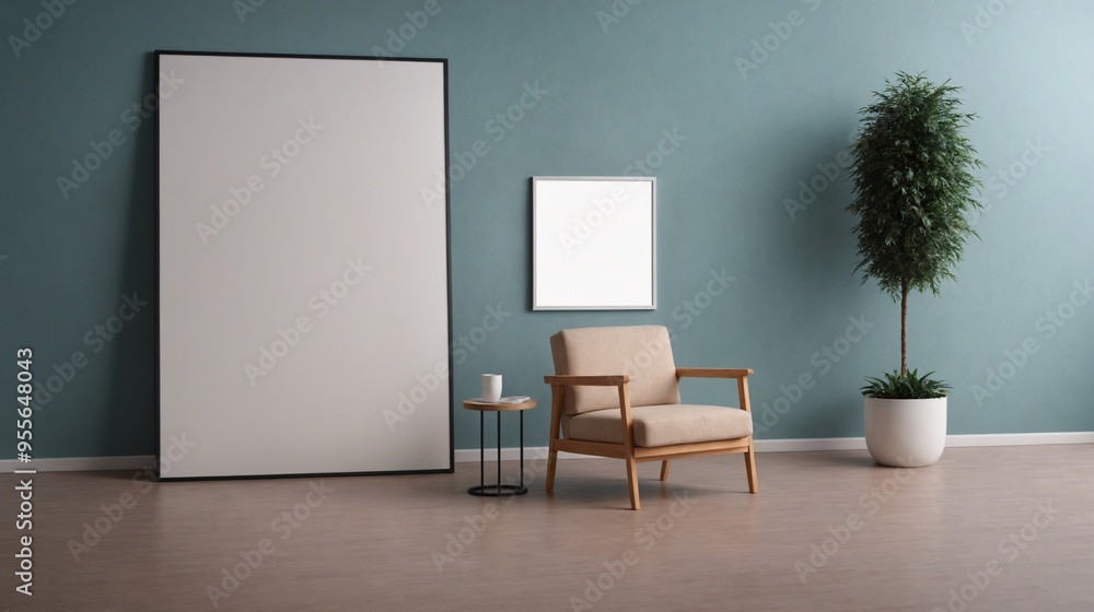 A modern living room with matching furniture theme set and decorative items 3d illustration. An empty wall and art frame mock-up template on the wall. A modern living room with matching furniture theme set and decorative items 3d illustration. An empty wall and art frame mock-up template on the wall.