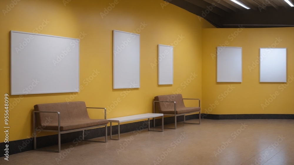 A modern living room with matching furniture theme set and decorative items 3d illustration. An empty wall and art frame mock-up template on the wall. A modern living room with matching furniture theme set and decorative items 3d illustration. An empty wall and art frame mock-up template on the wall.