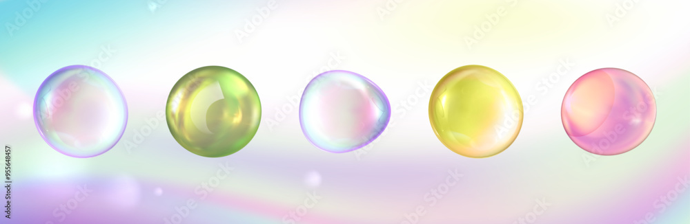 Fototapeta premium 3d abstract set of collagen serum bubbles. Cosmetic essence. Collagen clear realistic drops