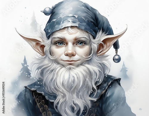 Male christmas elf in blue drawn on white background photo