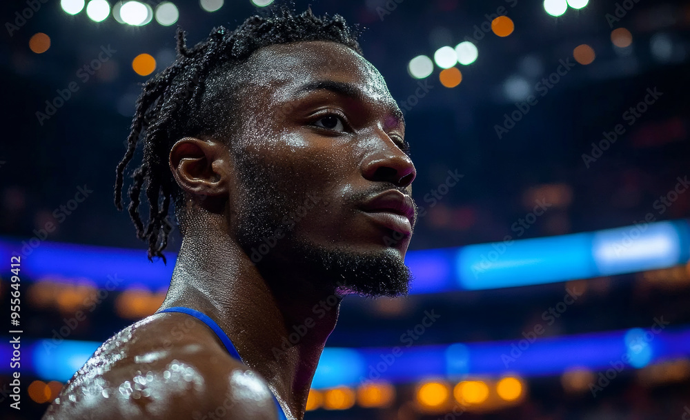 A man with dreadlocks and a beard is sweating in a basketball game. He looks tired and focused on the game A man with dreadlocks and a beard is sweating in a basketball game. He looks tired and focused on the game