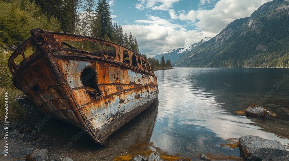 Rusty Shipwreck on the Shore of an Alpine Lake in British Columbia. AI generated illustration Rusty Shipwreck on the Shore of an Alpine Lake in British Columbia. AI generated illustration