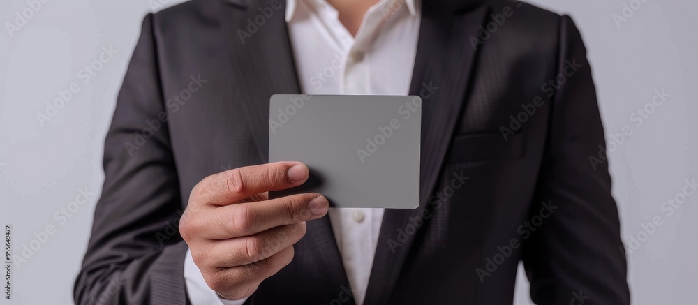 Business And Advertising Topic Man In Black Suit Holding A Gray Blank Card In Hand Isolated On White Background In Studio Business And Advertising Topic Man In Black Suit Holding A Gray Blank Card In Hand Isolated On White Background In Studio