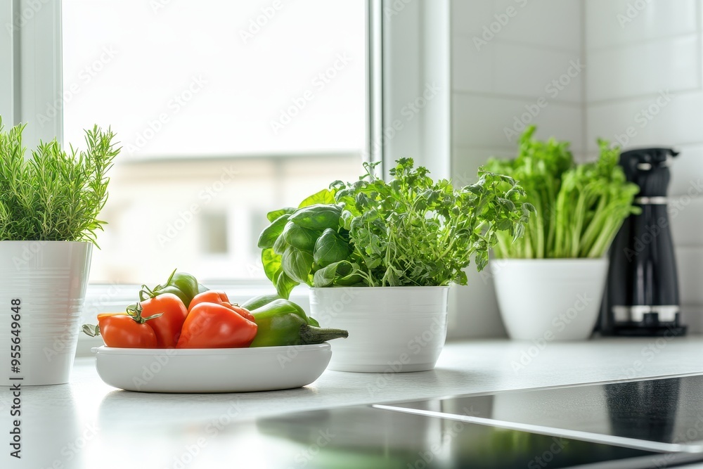 Fresh herbs and vegetables on a kitchen countertop in a bright, modern home during daylight hours Fresh herbs and vegetables on a kitchen countertop in a bright, modern home during daylight hours