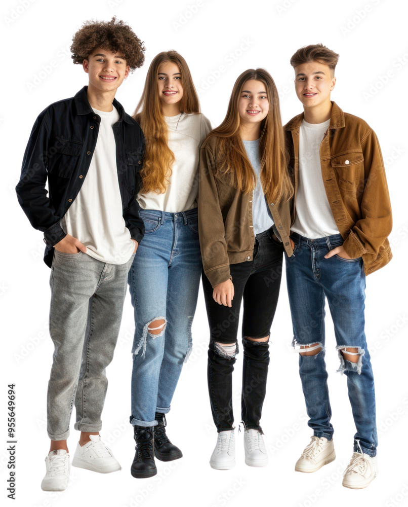 Obraz premium PNG Smiling teenage women and men standing in front the wall groupshot clothing footwear.