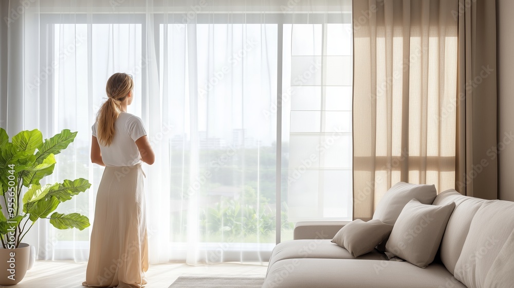 A woman gazes out a large window in a modern living room filled with natural light during the day, surrounded by soft furnishings and plants A woman gazes out a large window in a modern living room filled with natural light during the day, surrounded by soft furnishings and plants
