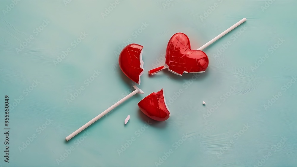 broken red lollipop heart on pastel blue background top view flat lay broken red lollipop heart on pastel blue background top view flat lay