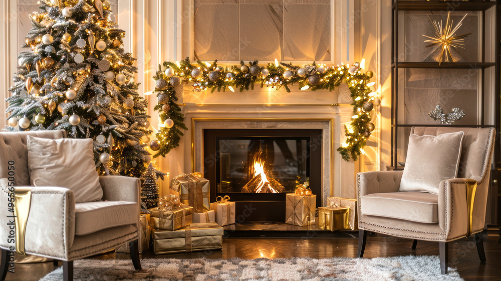 Luxurious hotel lounge beautifully decorated for Christmas, featuring elegant fireplace, plush armchairs, and lavishly adorned Christmas tree. Concept of festive luxury, warmth, holiday celebration Luxurious hotel lounge beautifully decorated for Christmas, featuring elegant fireplace, plush armchairs, and lavishly adorned Christmas tree. Concept of festive luxury, warmth, holiday celebration