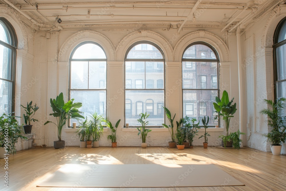 Bright and airy yoga studio with large windows and plants in a sunlit urban location Bright and airy yoga studio with large windows and plants in a sunlit urban location