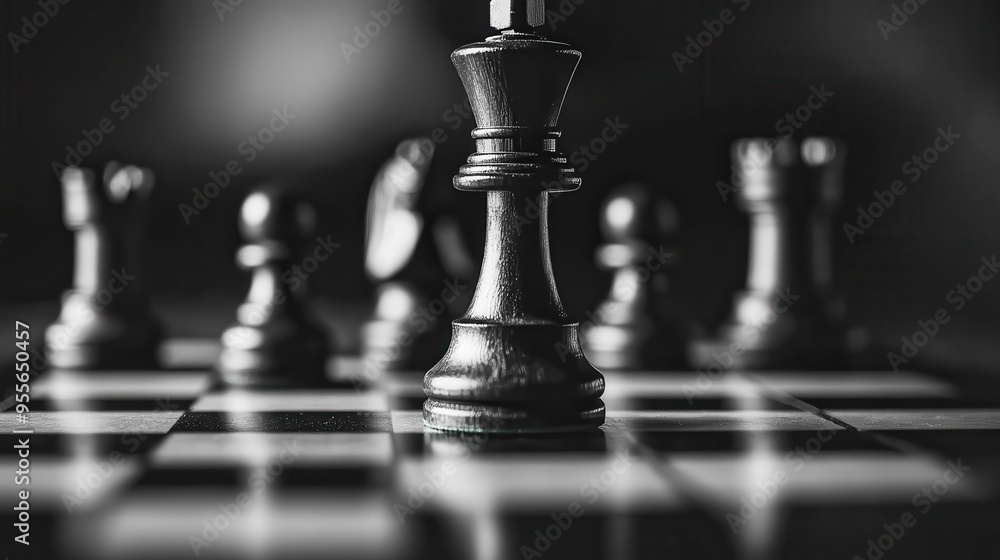 A striking image focusing on a black king chess piece at the center of the chessboard, surrounded by other pieces and illuminated in low-key, moody lighting. A striking image focusing on a black king chess piece at the center of the chessboard, surrounded by other pieces and illuminated in low-key, moody lighting.
