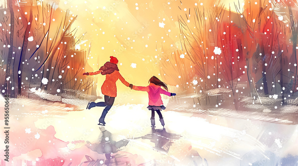 Watercolor art of mother and daughter ice skating in a winter landscape. Concept of family bonding, snowy outdoor activity, festive season, parent-child relationship Watercolor art of mother and daughter ice skating in a winter landscape. Concept of family bonding, snowy outdoor activity, festive season, parent-child relationship