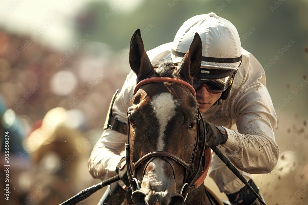 Obraz premium Equestrian man in racing helmet on galloping horse during competition. Concept of jockey, horse racing, sport, competition