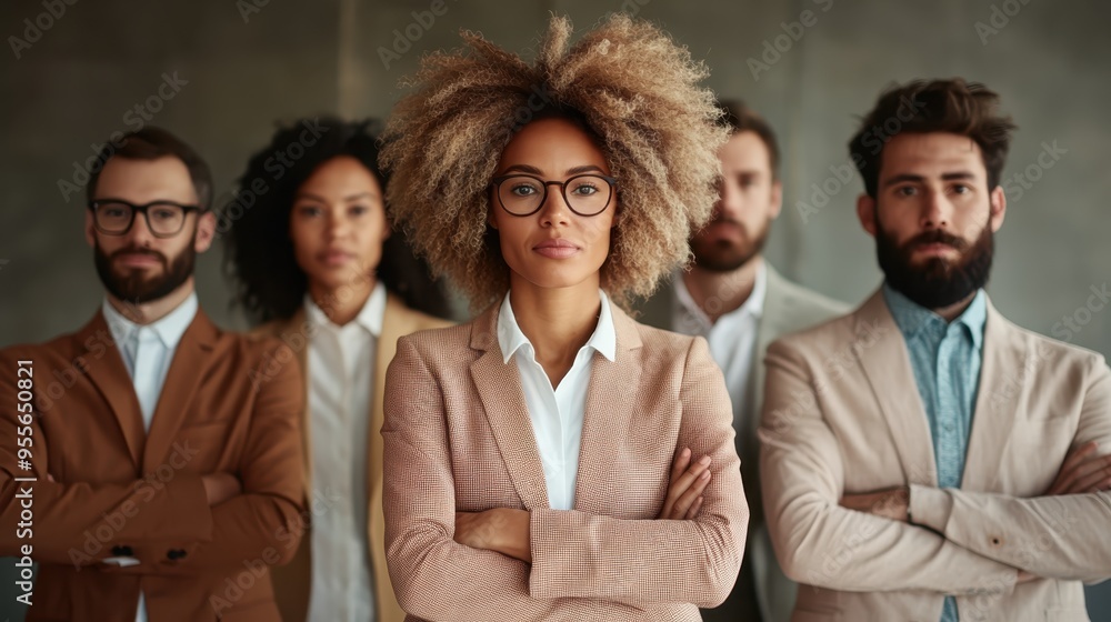 This image displays a modern group of diverse professionals led by a confident woman at the forefront, symbolizing leadership, diversity, and unity in the workplace. This image displays a modern group of diverse professionals led by a confident woman at the forefront, symbolizing leadership, diversity, and unity in the workplace.