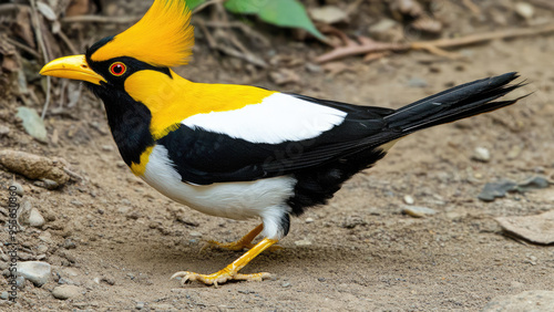 Exotic black and white bird with a bright yellow beak in a desert photo