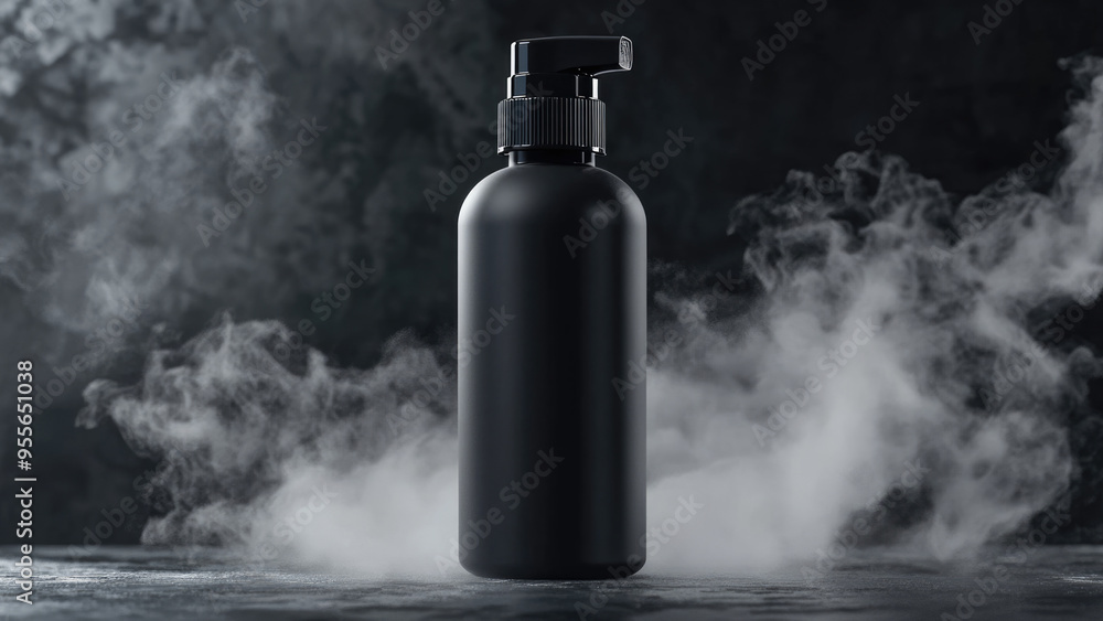 Sleek black spray bottle with mist effect on dark background Sleek black spray bottle with mist effect on dark background