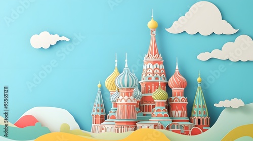 39. **Render a 3D paper cut of the St. Basil's Cathedral in Moscow with its colorful onion domes and a clear area in the sky for text.**