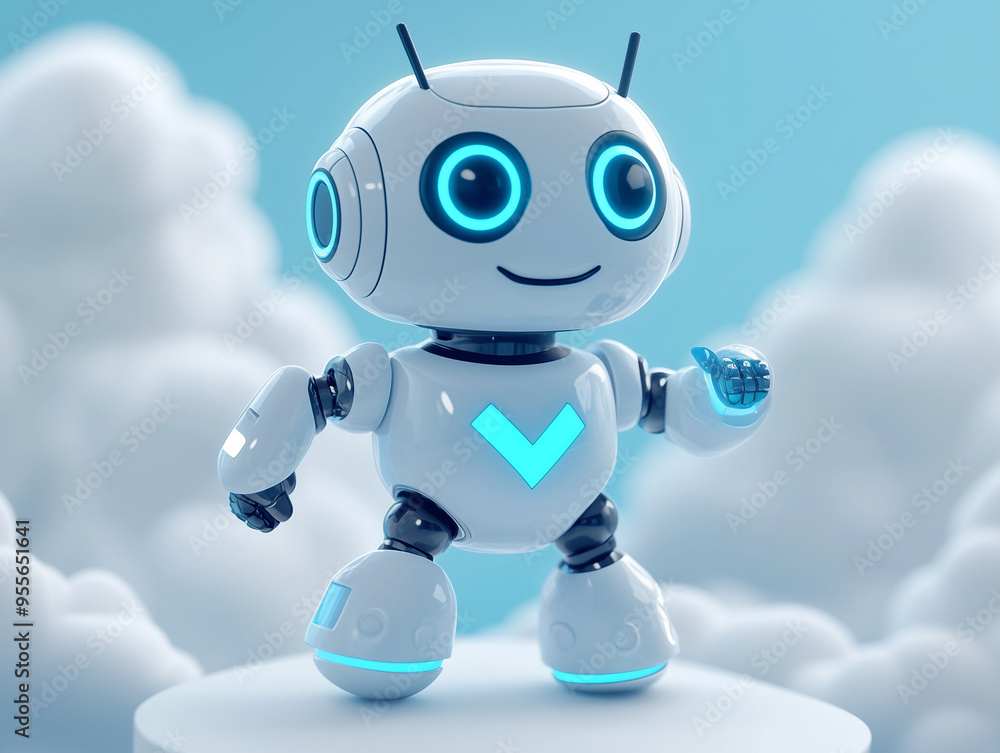 Cute robot with glowing blue accents on a cloudy background. Cute robot with glowing blue accents on a cloudy background.