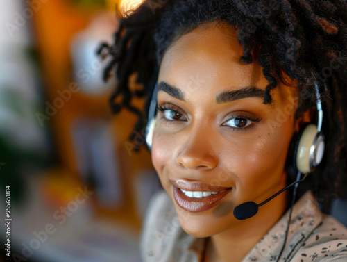 Closeup of young attractive black woman wearing customer service headset, smiling at the camera.