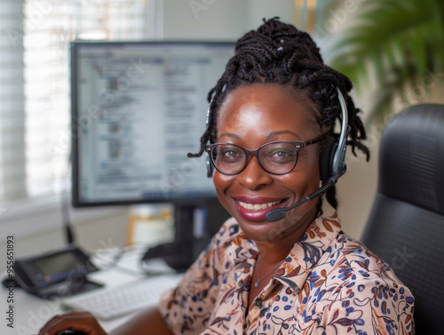 Black woman, customer service worker, smiling at the camera.