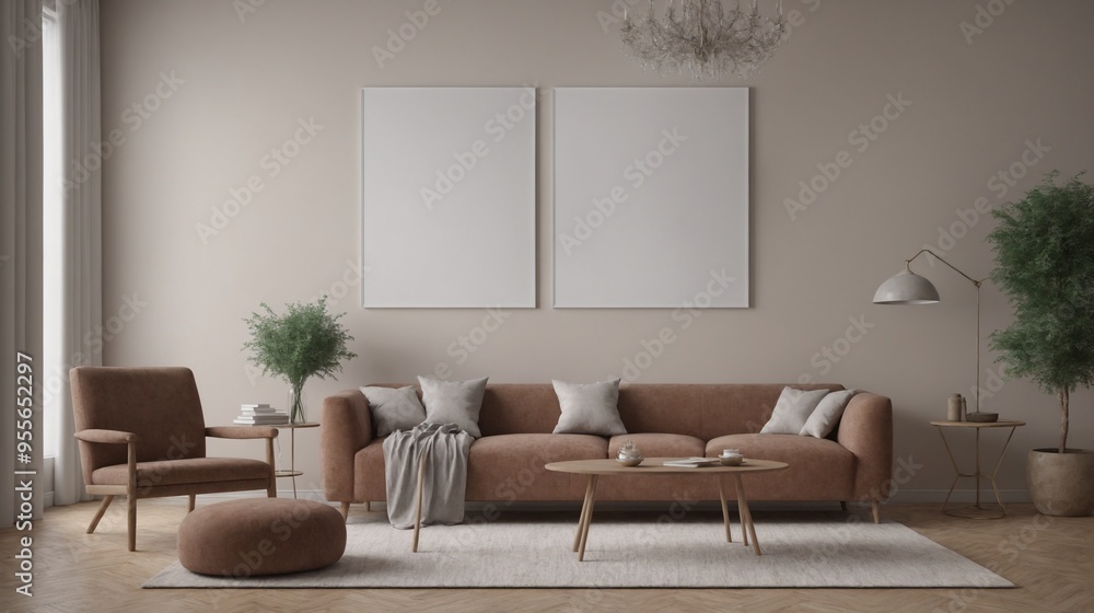 A modern living room with furniture and decorative items 3d illustration. An empty wall art frame mock-up template on the wall. A modern living room with furniture and decorative items 3d illustration. An empty wall art frame mock-up template on the wall.