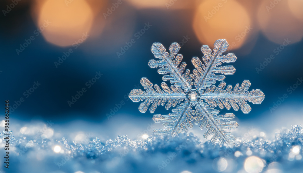 A snowflake is sitting on the ground in the snow. The snowflake is surrounded by a blue and orange background. Concept of winter and the beauty of nature A snowflake is sitting on the ground in the snow. The snowflake is surrounded by a blue and orange background. Concept of winter and the beauty of nature
