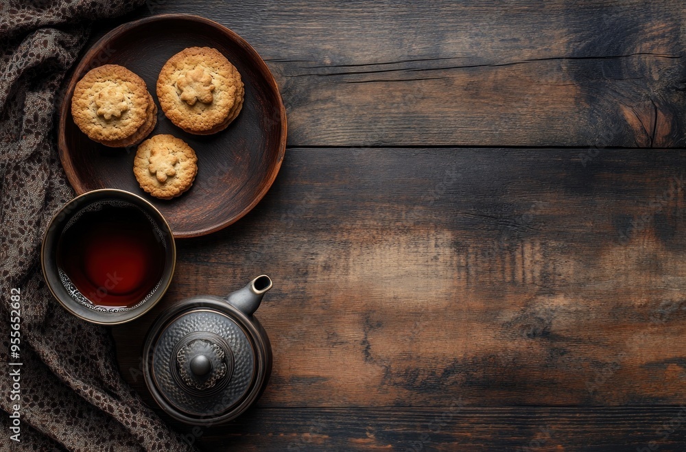 Fototapeta premium Tea Time with Cookies on Rustic Wooden Background