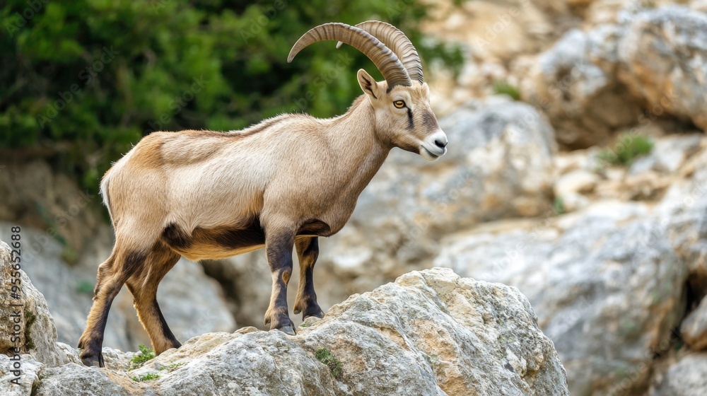 A goat is standing on a rocky mountain top A goat is standing on a rocky mountain top