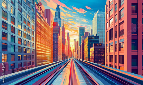 Vibrant cityscape with skyscrapers and rail tracks at sunset. 