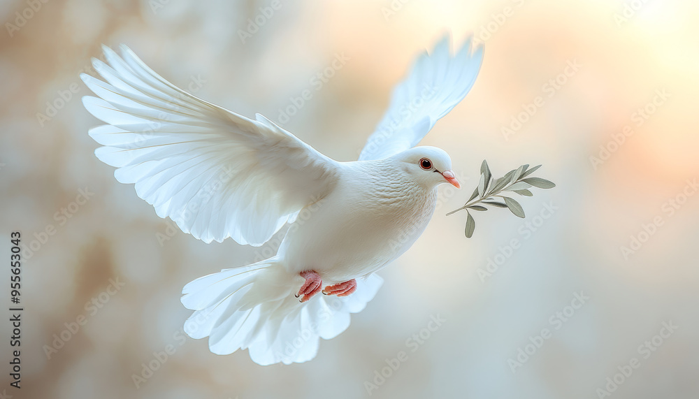 Fototapeta premium A white dove is flying with a leaf in its beak. Concept of peace and tranquility, as the dove is a symbol of hope and freedom. Dove of peace