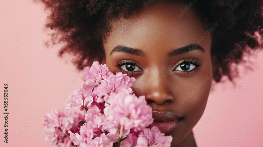 A woman with dark hair and a pink flower in her mouth A woman with dark hair and a pink flower in her mouth
