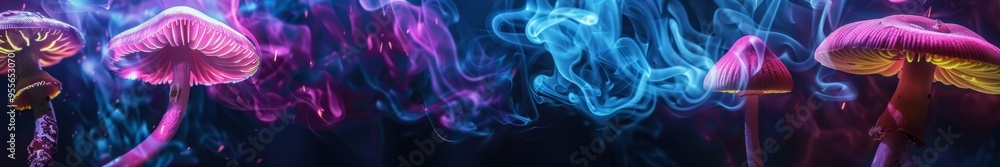 mushrooms with neon light and smoke. mushrooms with neon light and smoke.