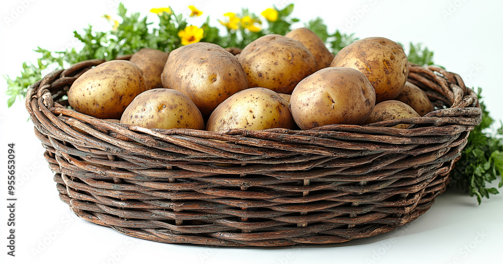 A basket full of potatoes with a bunch of green herbs on top. The basket is brown and woven A basket full of potatoes with a bunch of green herbs on top. The basket is brown and woven