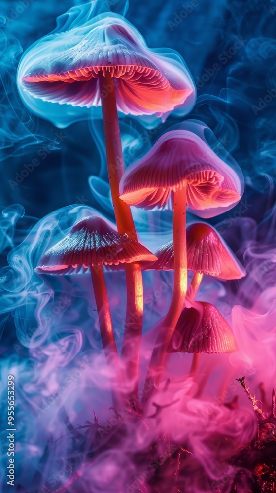 mushrooms with neon light and smoke. mushrooms with neon light and smoke.