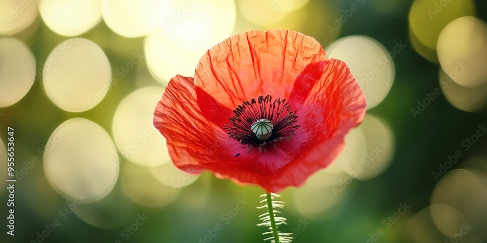 Obraz premium Close-up of a red poppy with a soft green background, more clarity with clear light and sharp focus, high detailed 