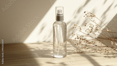 Transparent spray bottle in minimalistic light-filled setting photo