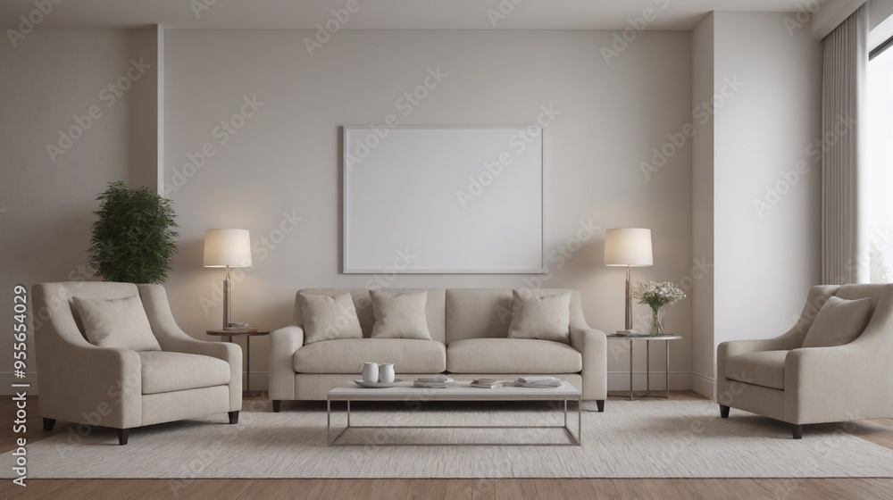 A modern living room with a white sofa set, decorative items and other furniture set 3d illustration. An empty wall art frame mock-up template on the wall. A modern living room with a white sofa set, decorative items and other furniture set 3d illustration. An empty wall art frame mock-up template on the wall.