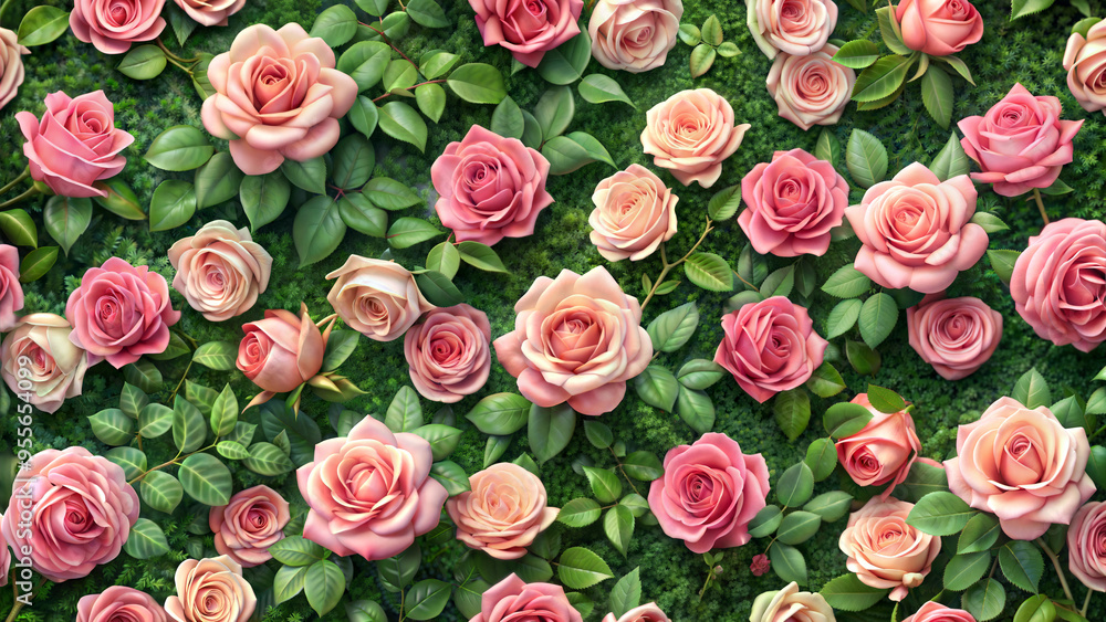 Lush Rose Texture with Pink and Peach Blossoms on Green Foliage Lush Rose Texture with Pink and Peach Blossoms on Green Foliage