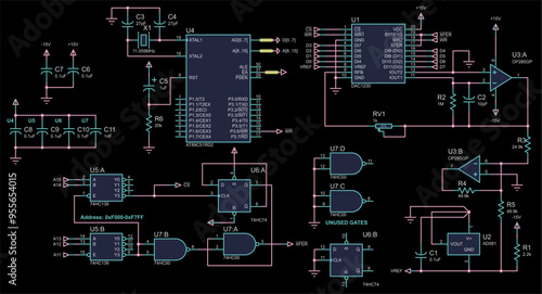 Vector electrical scheme.  Schematic diagram of electronic device, operating 
under control of microcontroller. Technical electric design with
integrated circuit, capacitor, memory chip, logic gate.