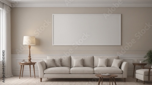 A modern living room with a white sofa set, decorative items and other furniture set 3d illustration. An empty wall art frame mock-up template on the wall.