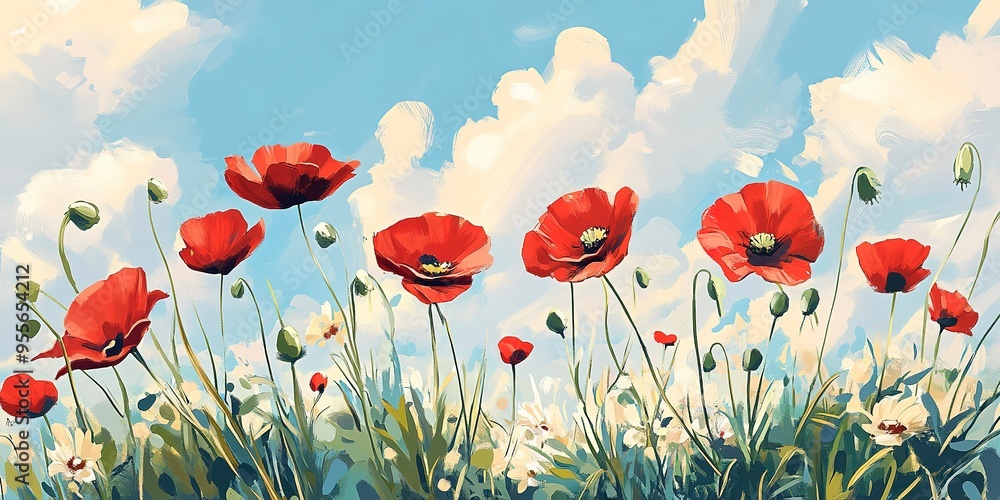 Obraz premium botanical field with red poppy flowers in summer day