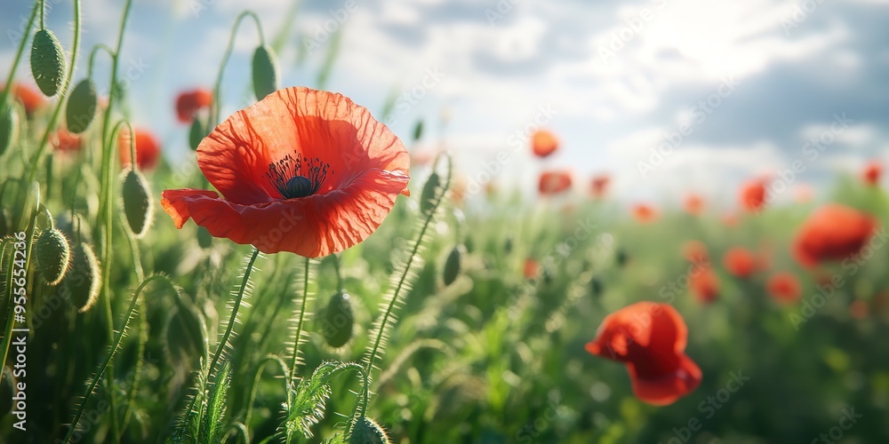 Obraz premium botanical field with red poppy flowers in summer day 