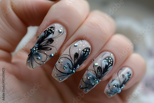 Hand with intricate black floral nail art with rhinestones. Design for beauty, fashion, and print.
 photo