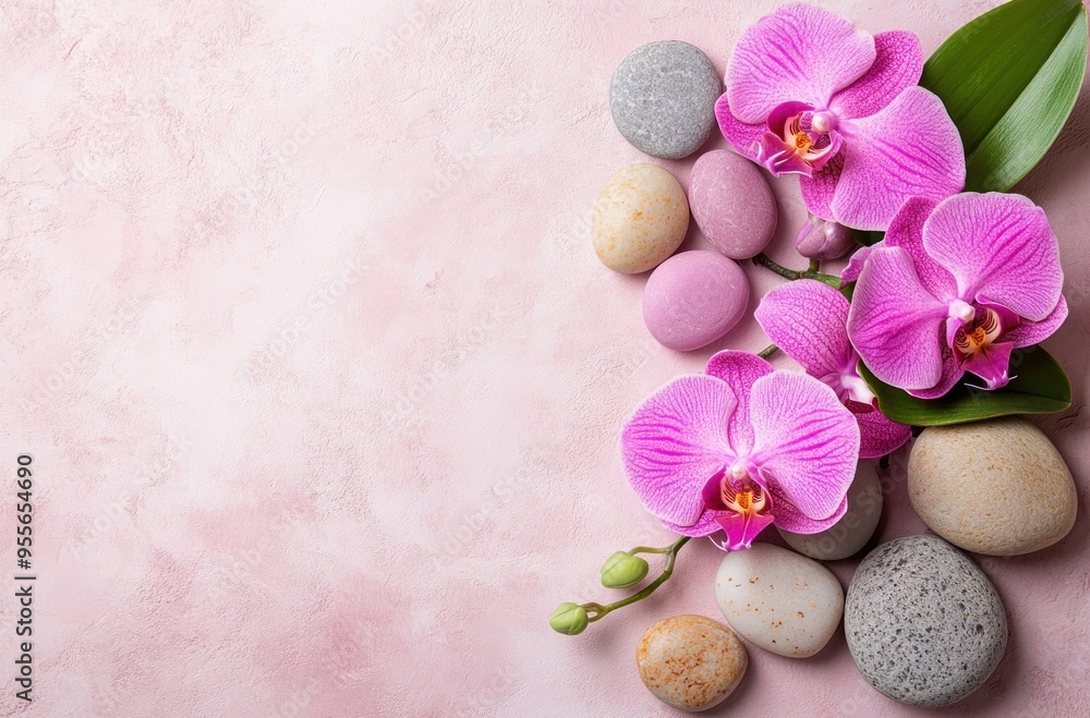 Pink Orchids and Stones on a Pink Background Pink Orchids and Stones on a Pink Background