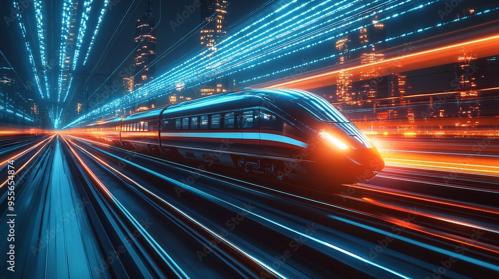 Futuristic High-Speed Train in Urban Environment with Sci-Fi Structures - Dynamic Transportation Concept Futuristic High-Speed Train in Urban Environment with Sci-Fi Structures - Dynamic Transportation Concept